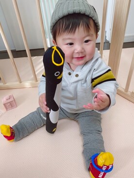 「9ヶ月」｜「アイテム（ニットキャップ/ビーニー）」を使った、KotaMashi6さん（キッズ・70cm）の冬コーディネート
