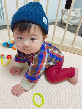 「9ヶ月」｜「アイテム（ニットキャップ/ビーニー）」を使った、KotaMashi6さん（キッズ・70cm）の冬コーディネート