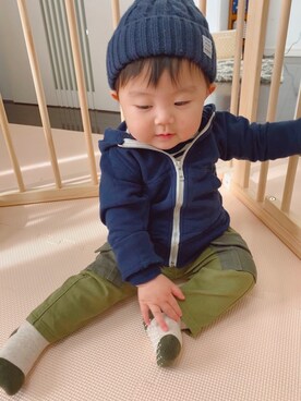 「9ヶ月」｜「アイテム（ニットキャップ/ビーニー）」を使った、KotaMashi6さん（キッズ・70cm）の冬コーディネート