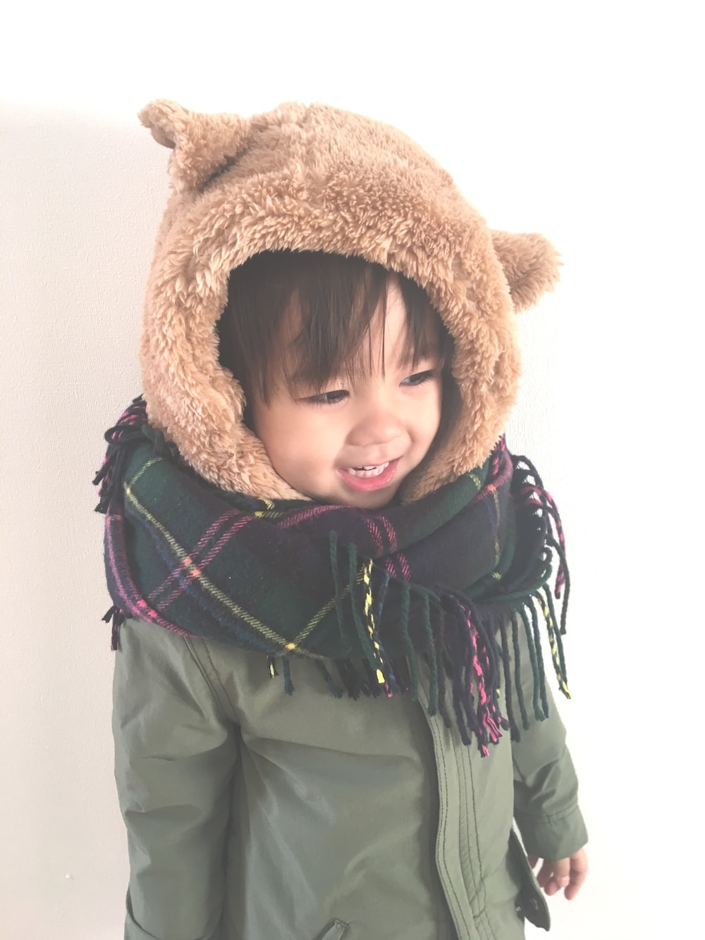 「くまさん、ニット帽、スムージー、smoothy、リングマフラー、モッズコート、男の子、男の子コーデ、3歳、西松屋」｜「西松屋のアイテム（ニットキャップ/ビーニー、ベージュ系）」を使った、natsu_iaii___さん（キッズ・100cm）の冬コーディネートの1枚目の写真