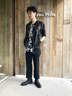 「KMRii」｜「アイテム（ライダースジャケット）」を使った、izakazuさん（メンズ・178cm）の夏コーディネート