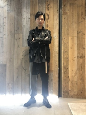 「レザーブーツ」｜「アイテム（ライダースジャケット）」を使った、izakazuさん（メンズ・178cm）の秋コーディネート