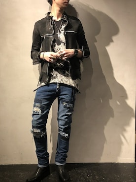 「KMRii」｜「アイテム（ライダースジャケット）」を使った、izakazuさん（メンズ・178cm）の冬コーディネート