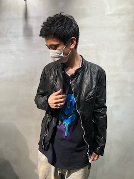 「ISAMU KATAYAMA BACKLASH（イサムカタヤマバックラッシュ）のアイテム（ライダースジャケット）」を使った、izakazuさん（メンズ・178cm）の秋コーディネート