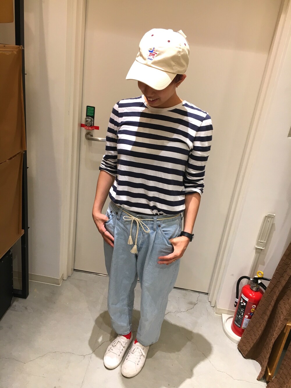 「14+、無印良品、niko and ...、SM2、帽子、キャップ、ボーダー、紐ベルト、beautiful people、靴下」｜「14+のアイテム（キャップ、ベージュ系）」を使った、14+ イオンモール四條畷店 スタッフさん（レディース・160cm）の夏コーディネートの1枚目の写真