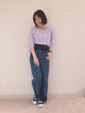 「one after another NICE CLAUP（ワンアフターアナザーナイスクラップ）の３Dレースブラウス（シャツ/ブラウス、パープル系）」を使った、AZUMIさん（レディース・160cm）の春コーディネート