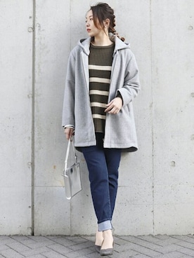 「COMME CA ISM（コムサイズム）のアイテム（ノーカラーコート）」を使った、COMME CA ISM STAFFさん（レディース・164cm）の冬コーディネート