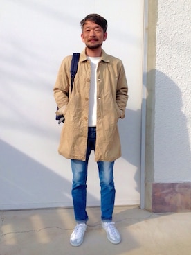 「ドミンゴ」｜「アイテム（ステンカラーコート）」を使った、D_MALL児島さん（メンズ・172cm）の春コーディネート