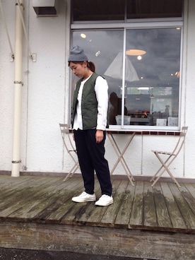 「アイテム（ダウンベスト、グリーン系）」を使った、D_MALL児島さん（レディース・153cm）の秋コーディネート