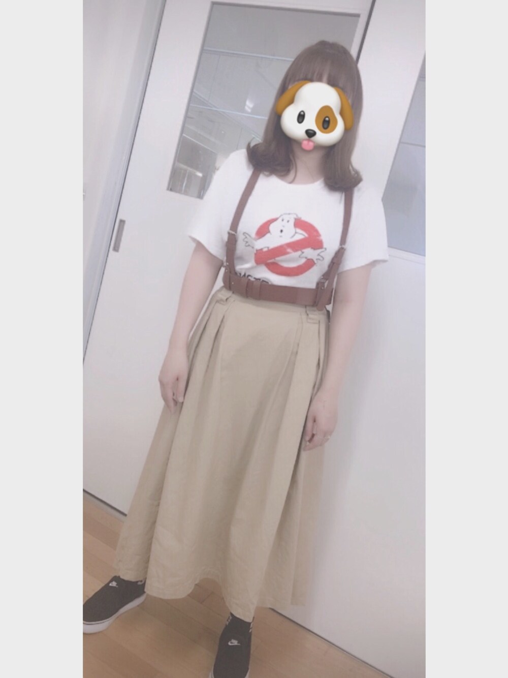 「プチプラコーデ、今日のコーデ、低身長、ロングスカート、ハーネス、おしゃれさんと繋がりたい、外ハネ、学校、　」｜「SPINNSのガチャベルト付き ロング チノスカート（スカート、ベージュ系）」を使った、Rさん（レディース・152cm）の夏コーディネートの1枚目の写真