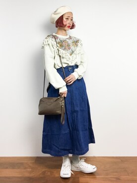 「Lee（リー）のアイテム（デニムスカート）」を使った、チョコビさん（レディース・154cm）の冬コーディネート