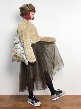 「もけもけ」｜「アイテム（キャップ）」を使った、チョコビさん（レディース・154cm）の冬コーディネート