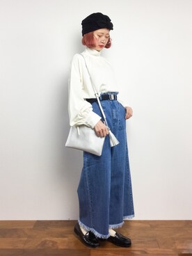「切りっぱなしデニム」｜「アイテム（ハンチング/ベレー帽）」を使った、チョコビさん（レディース・154cm）の冬コーディネート
