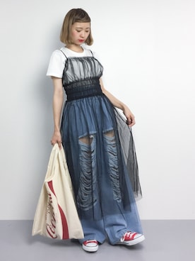 「WC（ダブル シー）のアイテム（デニムパンツ）」を使った、チョコビさん（レディース・154cm）の夏コーディネート