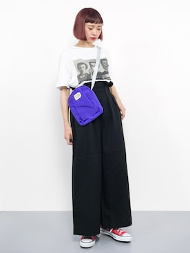 「select MOCA（セレクトモカ）のコットン100%シンプルシルエット半袖ヴィンテージモノクロシネマプリントTシャツ（Tシャツ/カットソー）」を使った、チョコビさん（レディース・154cm）の夏コーディネート