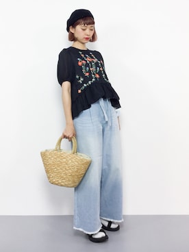 「PAGEBOY（ページボーイ）のトモリボン付きデニムワイドパンツ（デニムパンツ）」を使った、チョコビさん（レディース・154cm）の夏コーディネート