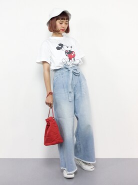 「PAGEBOY（ページボーイ）のトモリボン付きデニムワイドパンツ（デニムパンツ）」を使った、チョコビさん（レディース・154cm）の夏コーディネート
