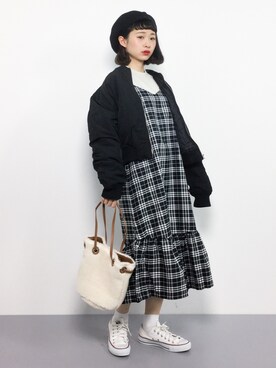 「黒髪」｜「アイテム（ブルゾン）」を使った、チョコビさん（レディース・154cm）の秋コーディネート