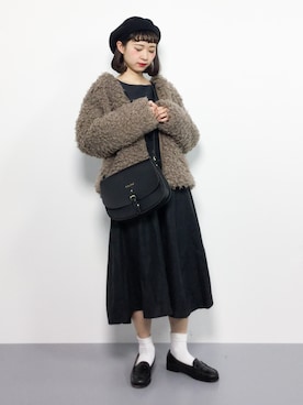 「黒スカート」｜「アイテム（ノーカラージャケット）」を使った、チョコビさん（レディース・154cm）の秋コーディネート