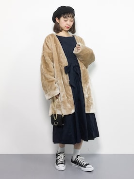 「黒ワンピ」｜「アイテム（ノーカラージャケット）」を使った、チョコビさん（レディース・154cm）の冬コーディネート