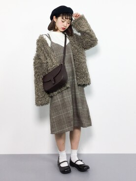 「茶色」｜「アイテム（ノーカラージャケット）」を使った、チョコビさん（レディース・154cm）の冬コーディネート