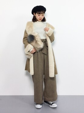 「グレンチェック」｜「アイテム（ムートンコート）」を使った、チョコビさん（レディース・154cm）の冬コーディネート