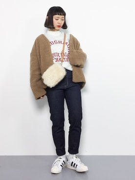 「茶色」｜「アイテム（ノーカラージャケット）」を使った、チョコビさん（レディース・154cm）の冬コーディネート