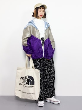 「ドットパンツ」｜「アイテム（ブルゾン）」を使った、チョコビさん（レディース・154cm）の冬コーディネート