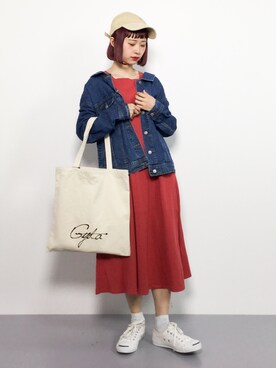 デニムジャケットを使った 赤ワンピース の人気ファッションコーディネート ユーザー ショップスタッフ Wear