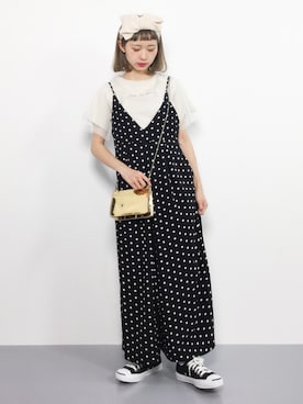 「ドットパンツ」｜「アイテム（サロペット/オーバーオール）」を使った、チョコビさん（レディース・154cm）の夏コーディネート