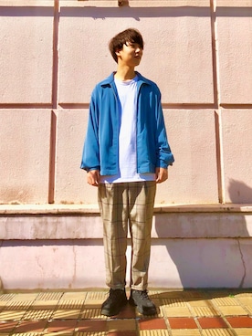 「サックスブルー」｜「アイテム（ブルゾン）」を使った、BABAさん（メンズ・177cm）の春コーディネート
