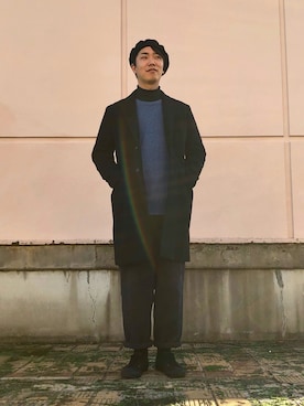 「JUNRED（ジュンレッド）のアイテム（チェスターコート）」を使った、BABAさん（メンズ・177cm）の冬コーディネート