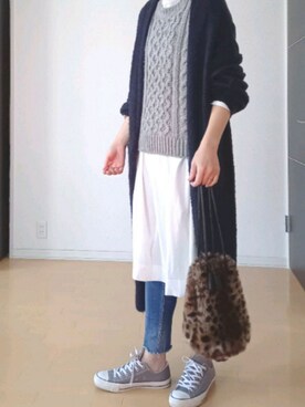 「ニットカーディガン」｜「アイテム（チュニック）」を使った、色めがねさん（レディース・167cm）の秋コーディネート