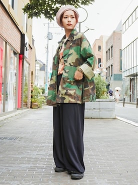 「ミリタリージャケット」｜「アイテム（ハンチング/ベレー帽）」を使った、ponさん（レディース・154cm）の春コーディネート