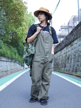 「キャンプスタイル」｜「アイテム（オールインワン・サロペット）」を使った、ponさん（レディース・154cm）の春コーディネート