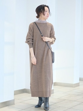 「タートルネックカットソー」｜「アイテム（ワンピース/ドレス）」を使った、豊川さん（レディース・155cm）の冬コーディネート