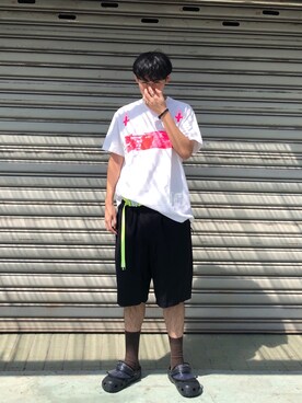 「C.E（シーイー）のアイテム（Tシャツ/カットソー、ホワイト系）」を使った、JJJJJさん（メンズ・182cm）の夏コーディネート