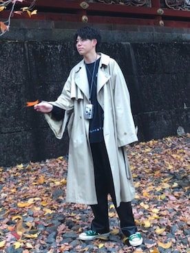 「緑」｜「アイテム（トレンチコート）」を使った、KAKERUさん（メンズ・178cm）の冬コーディネート