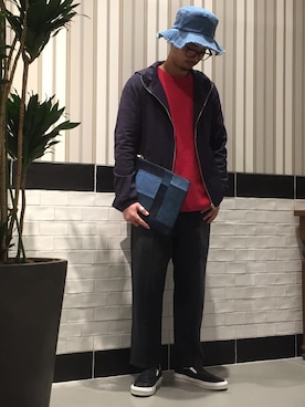 「RAGEBLUE（レイジブルー）のアイテム（クラッチバッグ）」を使った、チリリンさん（メンズ・172cm）の春コーディネート