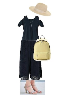 「ストローハット」｜「アイテム（ジャンパースカート）」を使った、柚子林檎さん（レディース・158cm）の夏コーディネート