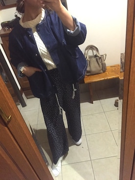 「ドットパンツ」｜「アイテム（デニムジャケット）」を使った、ゆうさん（レディース・156cm）の春コーディネート