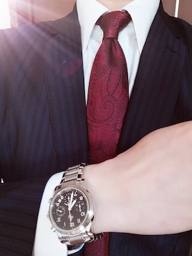 「アイテム（ネクタイ、レッド系）」を使った、豚麺さん（メンズ・172cm）の春コーディネート