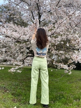 「SOMETHING（サムシング）のSOMETHING × FREAK'S STORE/サムシング　別注LISA WIDE PANTS/ワイドパンツ(フレアパンツ/デニムパンツ)（その他パンツ、グリーン系）」を使った、𝑨𝑰𝑹𝑰さん（レディース・163cm）の秋コーディネート