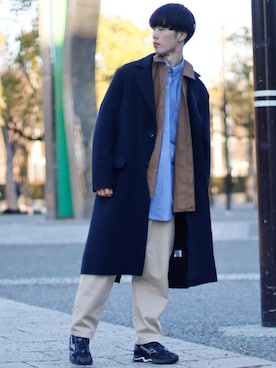 「WYM LIDNM（ウィム バイ リドム）のアイテム（チェスターコート）」を使った、RIKUさん（メンズ・171cm）の冬コーディネート