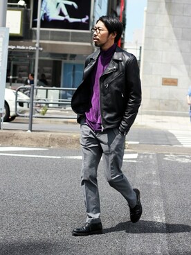 「tk.TAKEO KIKUCHI（ティーケータケオキクチ）のアイテム（ライダースジャケット）」を使った、MASUさん（メンズ・173cm）の秋コーディネート