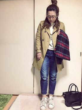 「チェックマフラー」｜「アイテム（トレンチコート）」を使った、Ayumi0720さん（レディース・156cm）の冬コーディネート