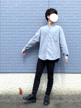 「GU（ジーユー）のフランネルスタンドカラーシャツ(長袖)（シャツ/ブラウス、グレー系）」を使った、ピエロさん（メンズ・168cm）の秋コーディネート
