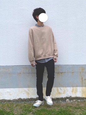 「GU（ジーユー）のフランネルスタンドカラーシャツ(長袖)（シャツ/ブラウス、グレー系）」を使った、ピエロさん（メンズ・168cm）の秋コーディネート