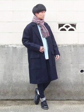 「アイテム（マフラー、ブルー系）」を使った、UNIさん（メンズ・168cm）の冬コーディネート