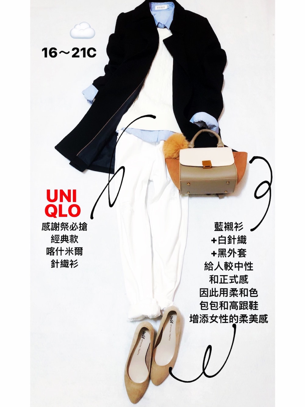 「簡約時尚、平價穿搭、今天穿什麼、每日穿搭小技巧」｜「UNIQLOのアイテム（ニット/セーター、ホワイト系）」を使った、將將さん（レディース・160cm）の冬コーディネートの1枚目の写真